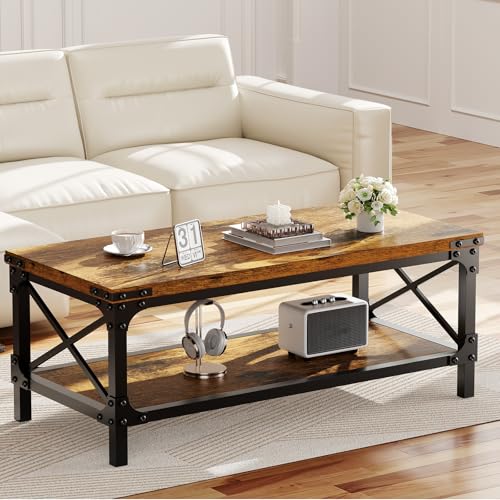 Rectangle Coffee Tables for Living Room, Wood Rectangular Coffee Table, 2 Tier Industrial Modern Center Table with Thicken...