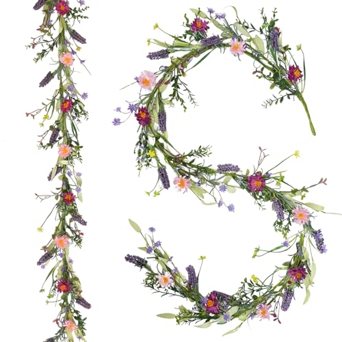 idyllic 6ft 2PCS Spring Pink Lavender Vine Garland Artificial Flower Decor for Front Door Mantel Table Stair Railing Windo...
