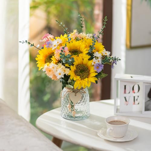 BLOSMON Sunflower Fake Flowers in Vase: Sunflowers Artificial Flowers with Vase for Table Centerpieces Decor - Silk Flower...