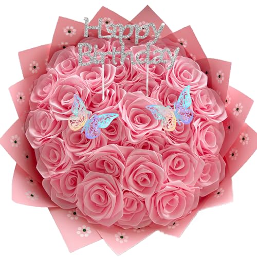(Self-Assembly) for Mom Eternal Pink Ribbon Rose Bouquet Artificial Rose Flowers Bouquet Handmade Ribbon Roses for Graduat...
