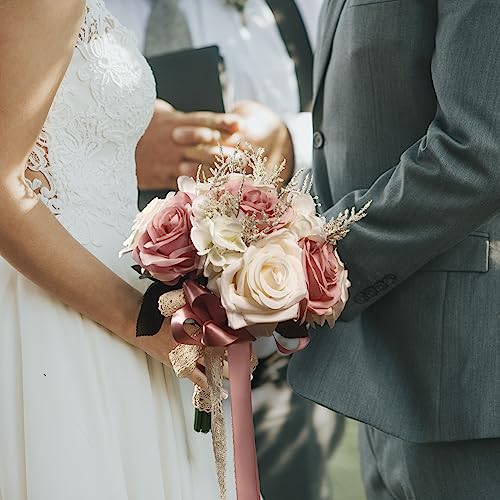 LEIFENY Wedding Bouquets for Bride, Champagne White & Pink Bridal Bridesmaid Wedding Flowers, Artificial Toss Rose for Civ...