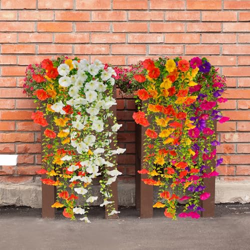 Ovveroche Artificial Hanging Flowers for Outdoors Decoration, 6 Pack UV-Resistant Large Morning Glory Artificial Faux Plan...