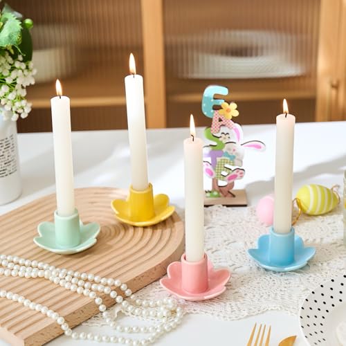 Colorful Ceramic Candlestick Holders Set of 4, Cute Easter Taper Candle Holders Chic Flower Shaped Table Centerpiece for W...