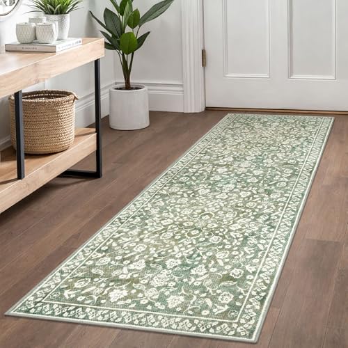 SILOLOOM Vintage Washable Runner Rug 2x6, Sage Green Beige Runners for hallways, Super Soft Kitchen Runner Rug Non Slip, P...