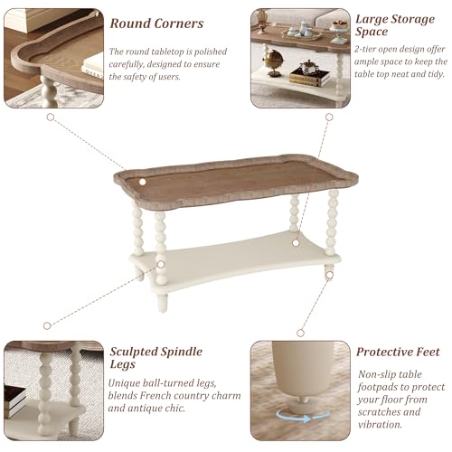 Function Home Farmhouse Coffee Table, Rustic White French Country Center Table with Storage Shelf, Wood Coffee Tables for ...