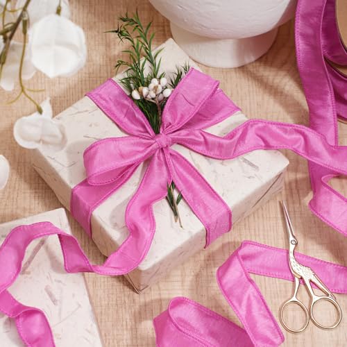 LaRibbons Hot Pink Ribbon Wired 1 Inch x 10 Yards Dupioni Spring Valentine's Day Ribbon with Wired Edge for Gift Wrapping,...