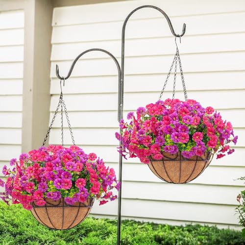 Elyum Artificial Hanging Flowers for Outdoors, Fake Flowers Artificial Petunias Hanging Baskets for Outdoors, UV Resistant...