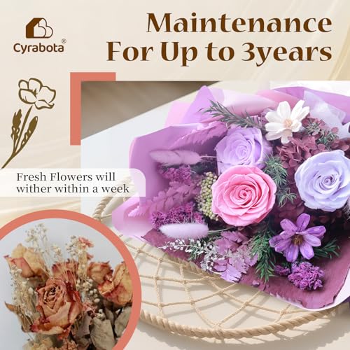 Cyrabota Purple Preserved Roses Bouquet with Vase - Real Forever Roses (Last 1-3 Yrs), Preserved Flowers Bouquet Christmas...