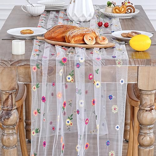 Floral Table Runner White Embroidery Daisy Table Runners 10FT 1PC Sheer Tulle Flower Fabric for Home Party Kitchen Dining ...