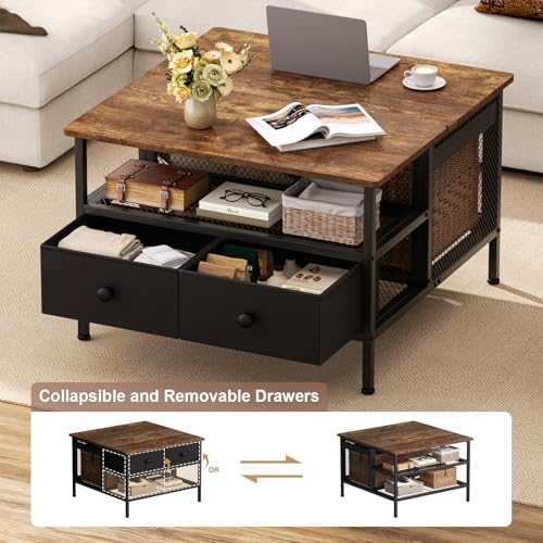 FABATO Lift Top Coffee Table, Square Coffee Table Metal Wood, Farmhouse Lift Up Coffee Tables Cocktail Table with Wire Mes...