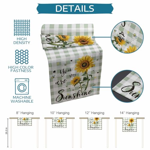 You are My Sunshine Table Runner 90 Inches Long, Vintage Yellow Sunflower Floral Bees Sage Green Plaid Table Runners Washa...