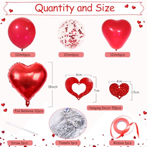 Red Heart Balloons Set, 30Pcs Heart Shaped Balloons and 50Pcs Red Hanging Streamer for Valentines Decorations, Proposal, W...