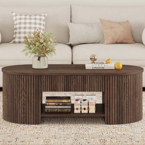 FATORRI Coffee Table with Storage, Mid Century Modern Wood Fluted Center Table with Shelf, Oval Coffee Tables with Drawer...