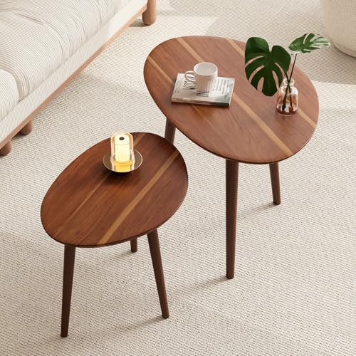 Semjar Small Oval Coffee Tables Set,Acacia Wood Tabletop Nesting Tables（25.6"x17.7"+17.7"x13.4" for Living Room Small Spac...