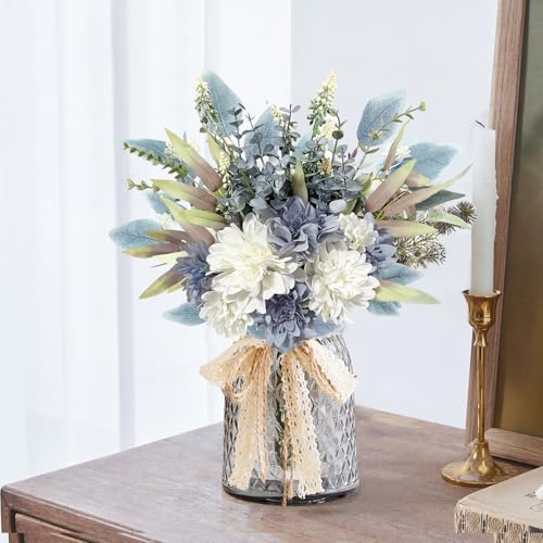 Aoztio Artificial Flowers Bouquet, Silk Flowers Blue Fake Flowers Arrangement Faux Flowers for Home Decor, Vase Arrangemen...