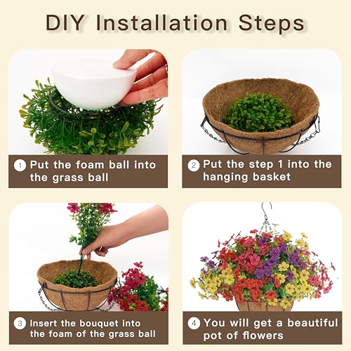 Senjie 2 Set Artificial Hanging Flowers with Basket for Outdoor Decor, UV Resistant 24 Bundles Faux Flowers Fake Hanging P...