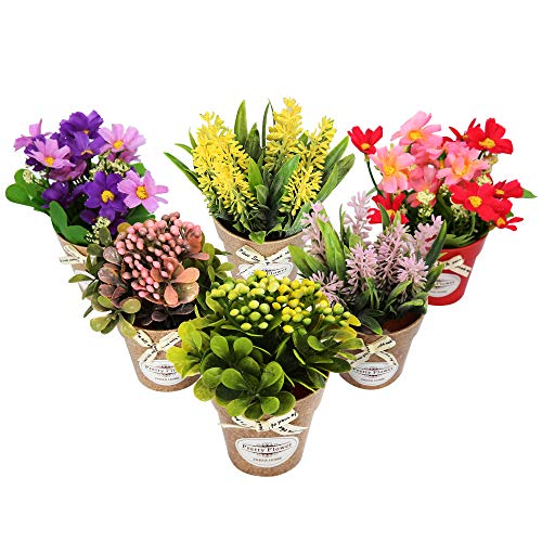 LUEUR Set of 6 Potted Artificial Flowers Fake Flowers with Vase Faux Flowers in Pot, Spring Decor for Home Office Floral A...
