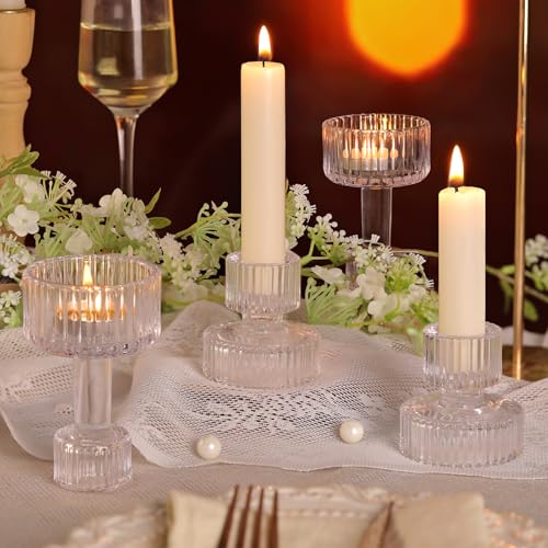 Candlestick Holders Bulk, 6 Pcs Clear Combination Candle Holders Set, Crystal Candle Holders for Wedding, Table Centerpiec...