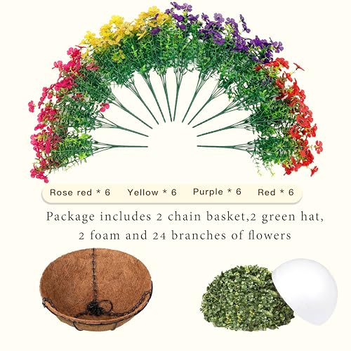 Senjie 2 Set Artificial Hanging Flowers with Basket for Outdoor Decor, UV Resistant 24 Bundles Faux Flowers Fake Hanging P...