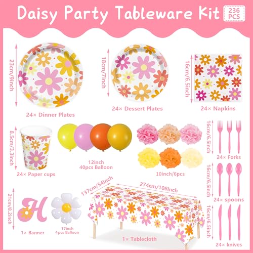 236pcs Groovy Daisy Party Supplies Daisy Plates Napkins Flower Tablecloth Banner Balloons Daisy Boho Paper Cups Dinner Tab...