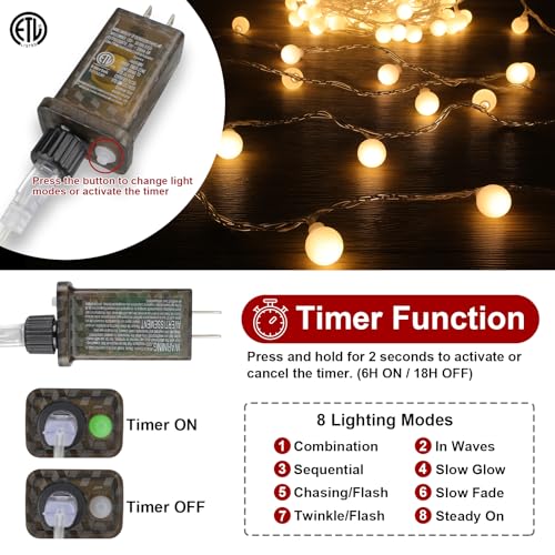 33FT 100LED Christmas Lights Indoor, Globe String Lights for Bedroom 8 Modes with Remote, Outdoor Hanging Fairy Lights for...