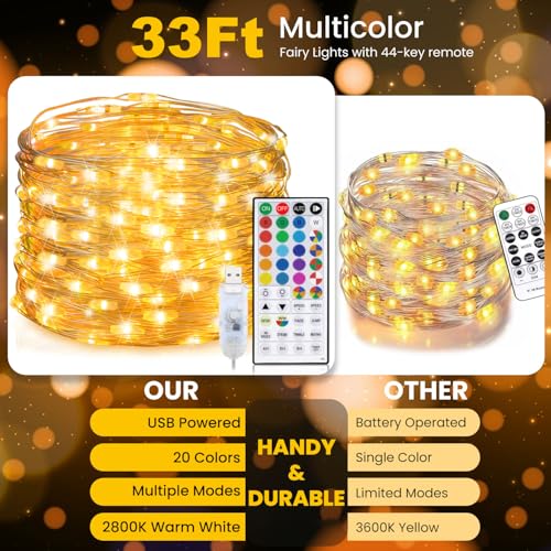 Fairy Lights USB Plug in 33ft 100LEDs with Remote, Warm White 20 Color Changing Light Twinkle Firefly String Lights for Be...