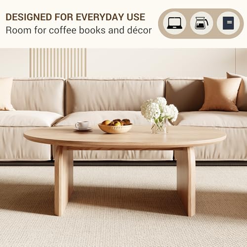 Honyee Modern Oval Coffee Table, Small Coffee Tables for Living Room - Oak Wood Top with Solid Legs, Wooden Center Table E...
