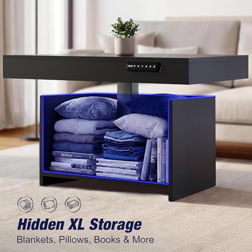 Homkdom 39.4" Electric Lift Top Coffee Table, Adjustable Height Table with Storage & LED Light, Coffee Tables for Living R...