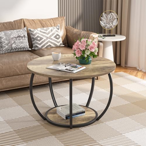 GreenForest Round Coffee Table with 2-Tier Open Storage, 27.6 inch Small Circle Coffee Tables with Adjustable Feet, Modern...