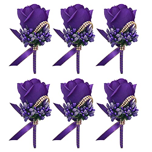 Febou Purple Wedding Rose Boutonniere with Pins for Men Wedding Groomsmen Best Man, Groom Boutonnieres for Party Prom Anni...