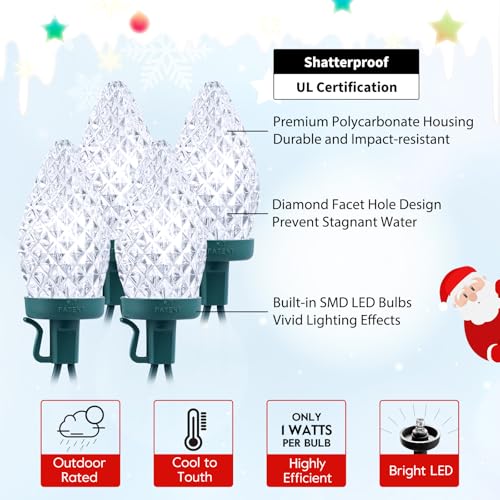 Brightown C9 Christmas String Lights White, 66ft 100 LED Faceted Christmas Lights on Green Wire, Plug-in Large Bulb Strawb...