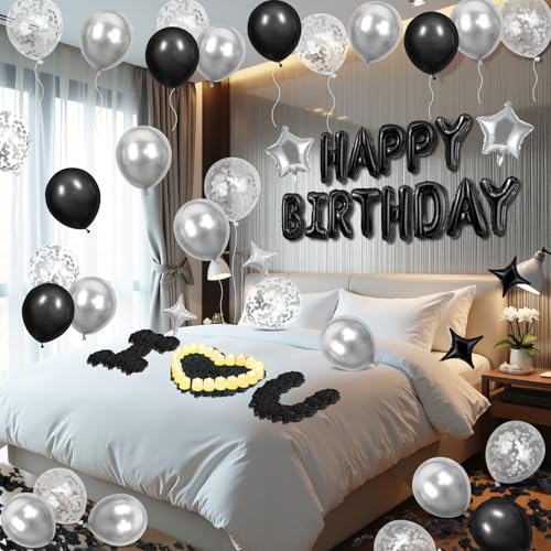 Black Happy Birthday Balloons Decorations Silver and Black Birthday Balloon Letters Banner with 6 Pcs Star Balloons Black ...