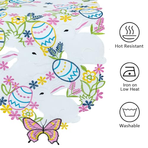 Joyfol Day Easter Bunnys Table Runner, Cutwork Embroidered Floral Eggs Butterfly Table Runners, Colorful Flower Dresser Sc...