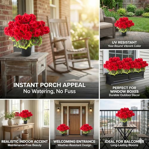 lovemoon 2Set Geranium Potted Artificial Flowers,Fake Geranium Plants for Outdoor Home Décor Office Tables Porch Garden De...