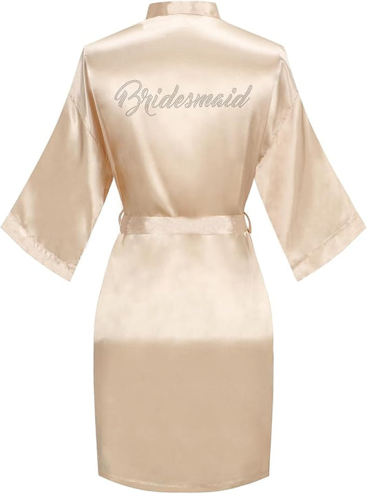 Chic Defend Women's Satin Robe Bride Bridesmaid Short Kimono Robes with Silver Rhinestones for Wedding Party Getting Ready