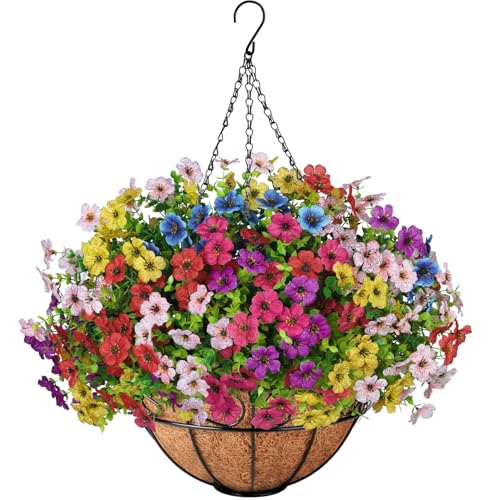 Ouddy Decor Artificial Hanging Flowers with Basket, Fake Hanging Plants with Faux Silk Flowers UV Resistant for Outdoors I...