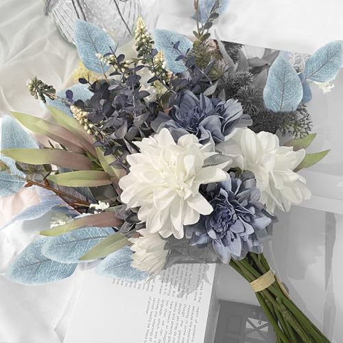 Aoztio Artificial Flowers Bouquet, Silk Flowers Blue Fake Flowers Arrangement Faux Flowers for Home Decor, Vase Arrangemen...