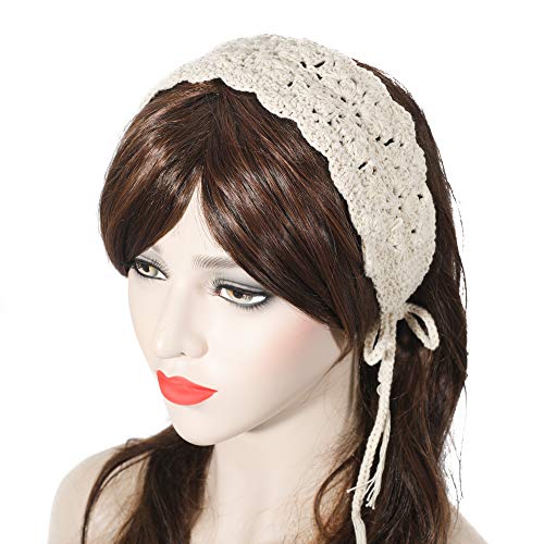 ZLYC Women Floral Headband Handmade Crochet Knit Vintage Hair Bands (Plain Ivory White)