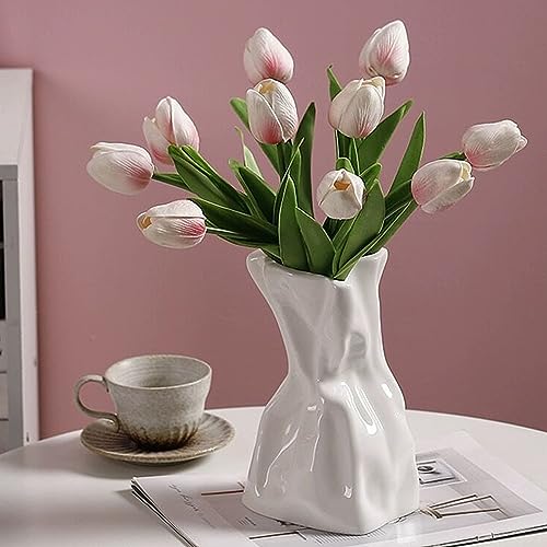 Paper Bag Vase for Flower, Unique Crinkle Design White Ceramic Vase, Flower Vase for Aesthetic Home Decor, Wedding Dinner ...