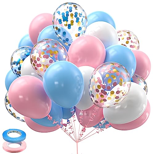 Pink Blue White Balloons,60 Pcs 12 inch Pink Blue and White Pastel Gold Blue Confetti Latex Balloons with 2rolls 33ft Ribb...