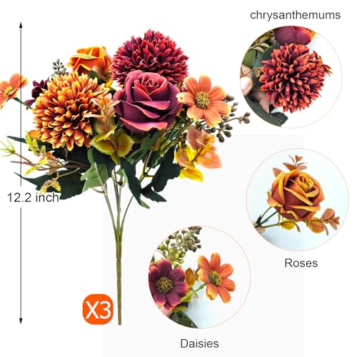 Guagb 3 Pcs Fall Flowers Artificial Mums Silk Chrysanthemum Rose Daisy Bouquet Fake Mum Faux Floral Arrangements Home Indo...