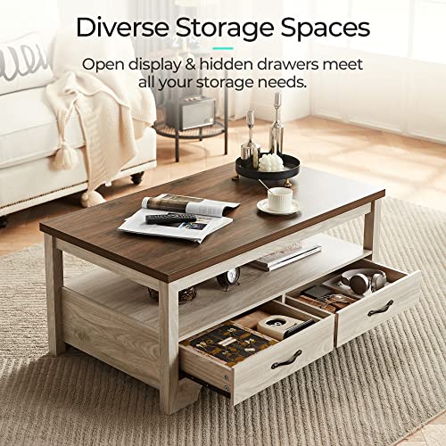 LINSY Farmhouse Coffee Table, Rectangle Coffee Table with Drawers, Rustic Wooden Coffee Tables with Storage, Center Table ...
