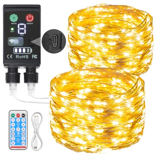 Lakumu 2-in-1 Rechargeable Fairy Lights Battery Operated, 66FT(2×33) Twinkle Lights with Remote & Timer, 200 LED String Li...