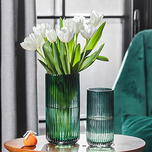 Muyan 9.8" Flower Vase for Decor Ribbed Glass Vase Modern for Centerpieces Desktop Home Office Dining Living Room Wedding...