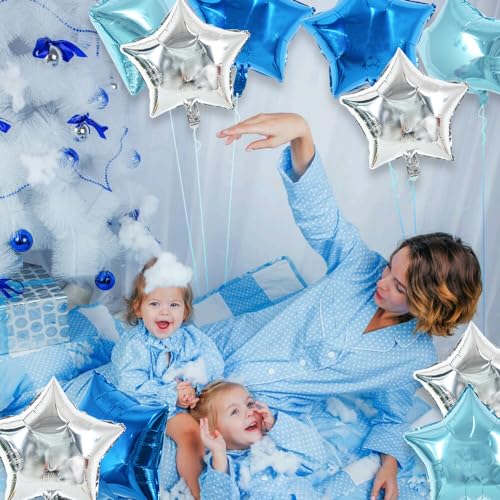 TONIFUL 30Pcs 18 Inch Large Blue Silver Star Shape Foil Balloons Big Stars Helium Mylar Ballons for Birthday Wedding Baby ...