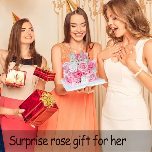 EIGHTOWN Forever Cake with Pink Preserved Flowers - Bouquet Preserved Roses for Women - Birthday Gift for Her with Crown (...