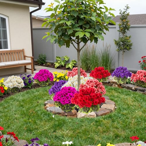 lovemoon 2Set Geranium Potted Artificial Flowers,Fake Geranium Plants for Outdoor Home Décor Office Tables Porch Garden De...