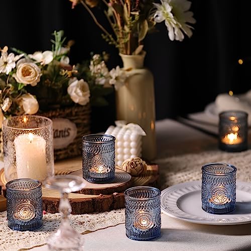 DARJEN Blue Votive Candle Holders Set of 36- Glass Candle Holders Bulk for Tea Light Candle, Embossed Candle Votives for W...
