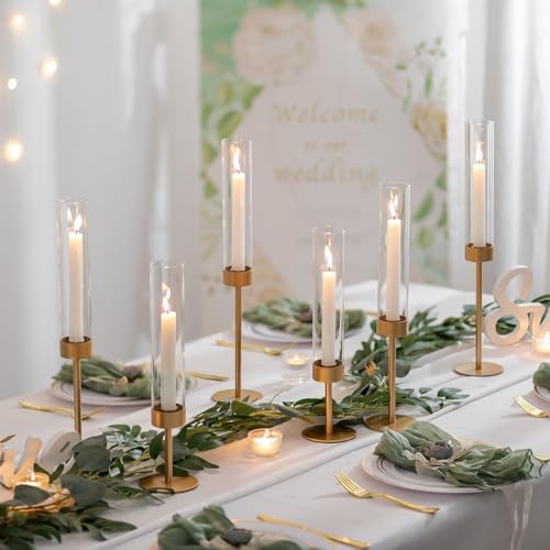 Sziqiqi Hurricane Candle Holders for Wedding: 6 Pcs Gold Candlestick Holders Table Centerpiece - Taper Candle Sticks Holde...