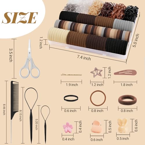 822PCS Elastic Hair Ties, IKOCO Hair Bands Hair Accessories for Girls with Hair Clips, Neutral Colors